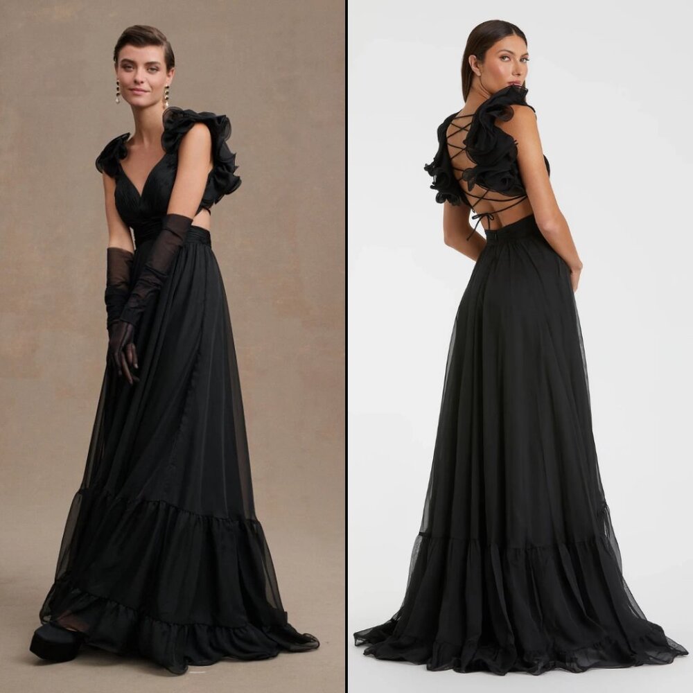 Mac Duggal 67911 Size 10 Black Indy Ruffle Corset Tiered Chiffon Gown Maxi Dress